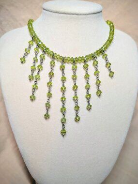 Green Faceted Peridot Fringe Necklace 925 Sterling Silver Clasp Statement 16"